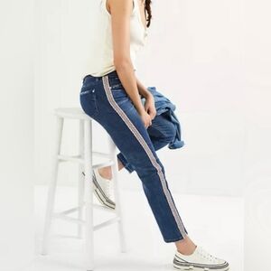 Anthropologie Blue Straight Leg Jeans with Pink Stripe